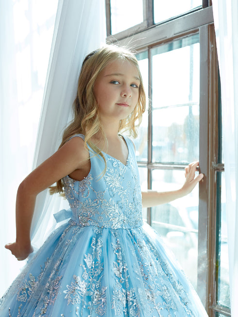 Big Girls Dusty Blue Glitter Mesh Overlay V Neck Pageant Dress 8-12 - SophiasStyle.com